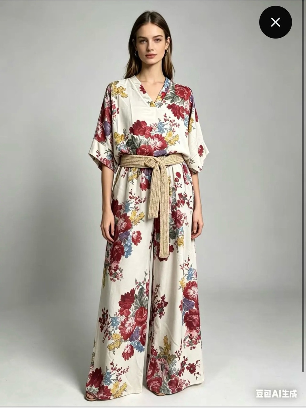 Made in Italy. Floral Wide-Leg Jumpsuit in Ivory and Burgundy NWT